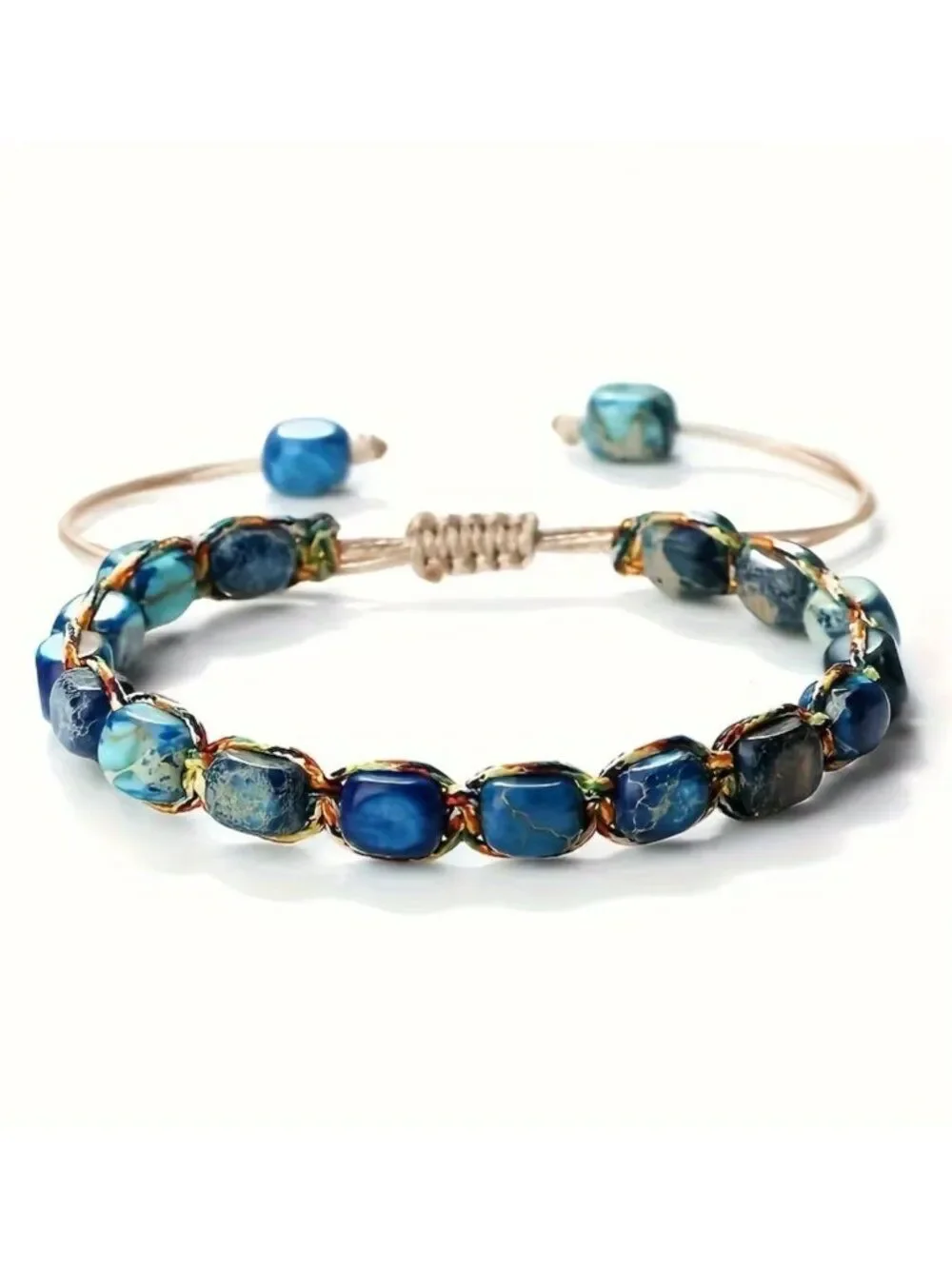 Boho Imitation Jasper Gemstone Beaded Bracelet Blue Marbled Handwoven Adjustable
